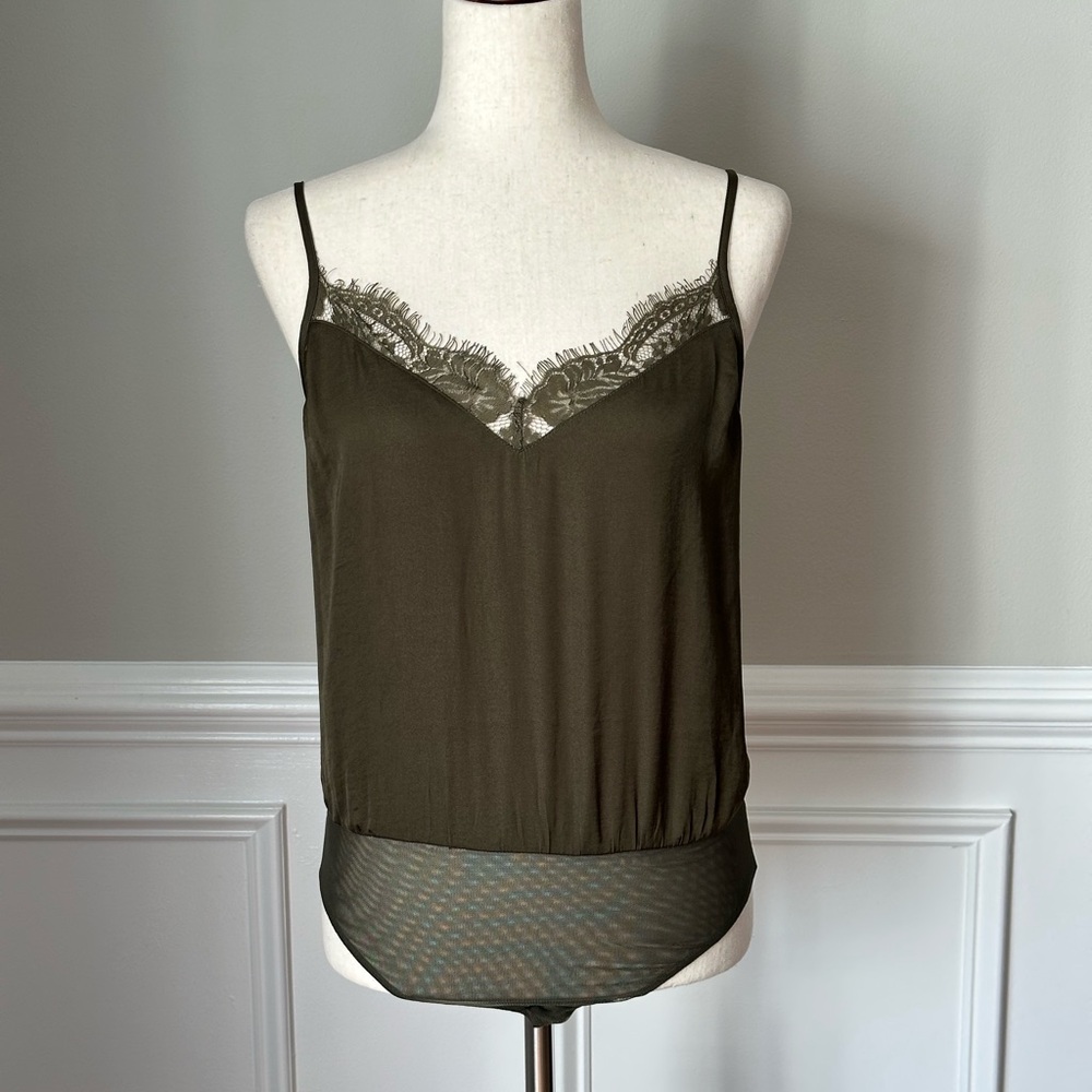 NEW Socialite Olive Green Lace Trim Satin Bodysuit
